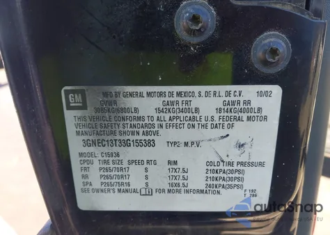 2003 Chevrolet Avalanche 1500 from USA, damaged, VIN 3GNEC13T33G155383